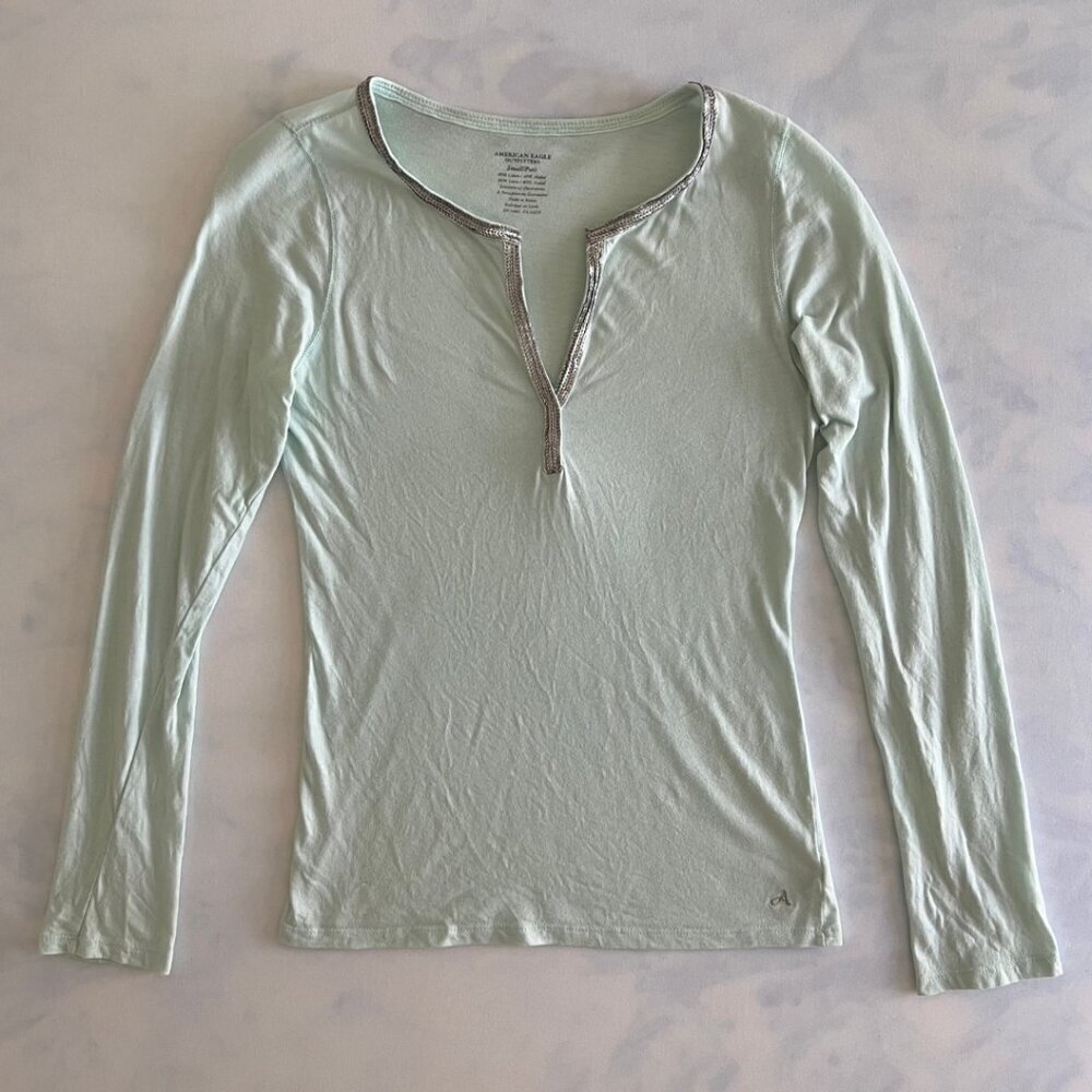 Vintage American Eagle Y2K Sequin Trim V-Neck Long Sleeve Shirt